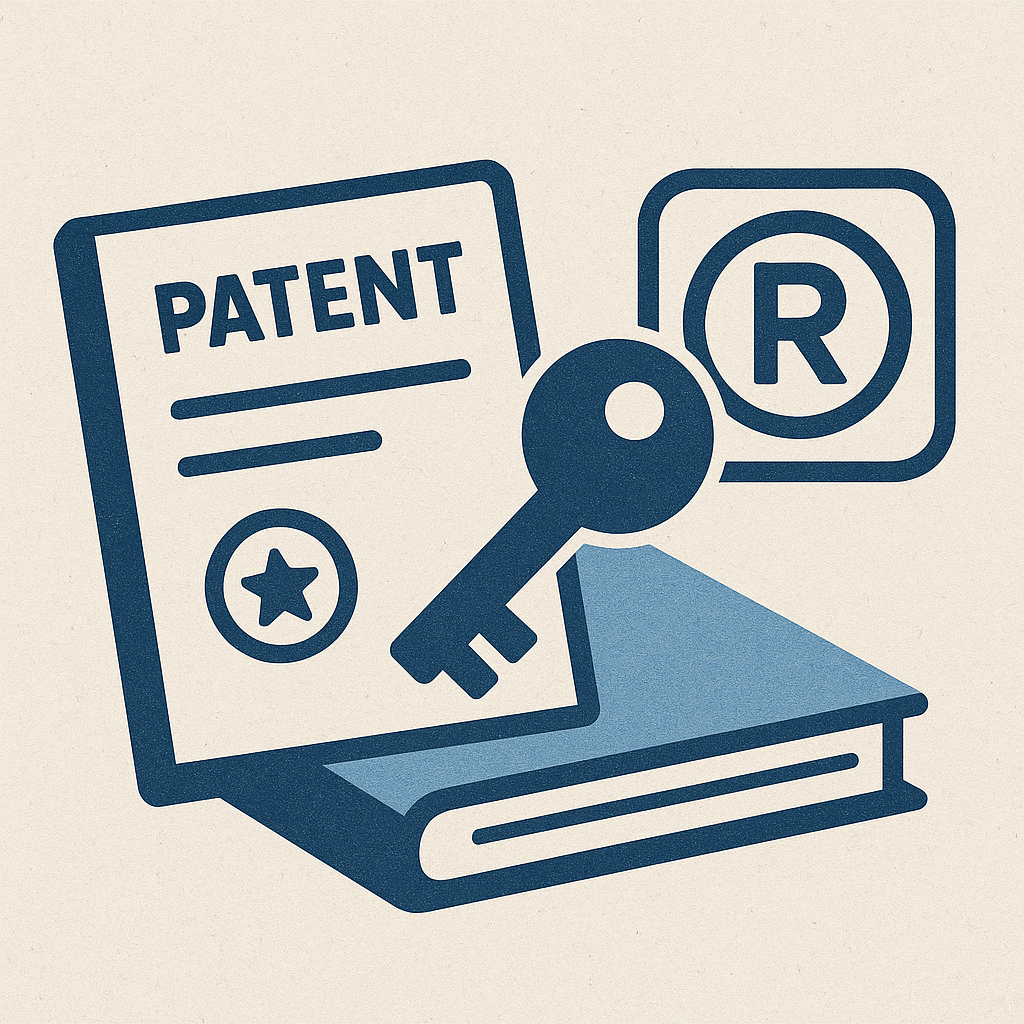 Patent logo with "all rights reserved" on top of a book