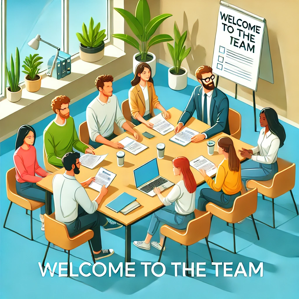 Committee giving welcoming to new team members at a table